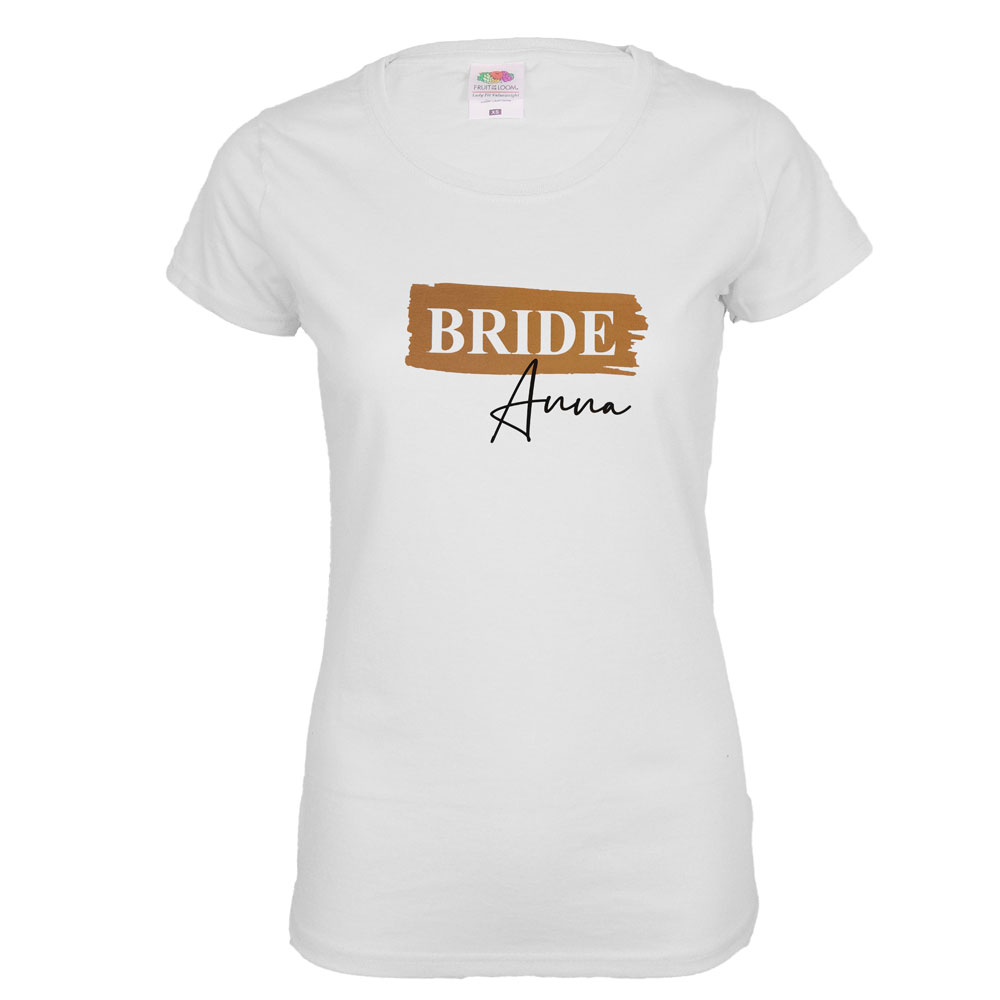 JGA-Shirt in Weiss-Kupfer mit Bride-Print und Namen personalisiert