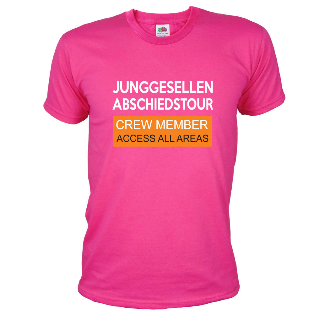 Herren JGA-Shirt mit Aufdruck: Crew Member - Access All Areas - Pink