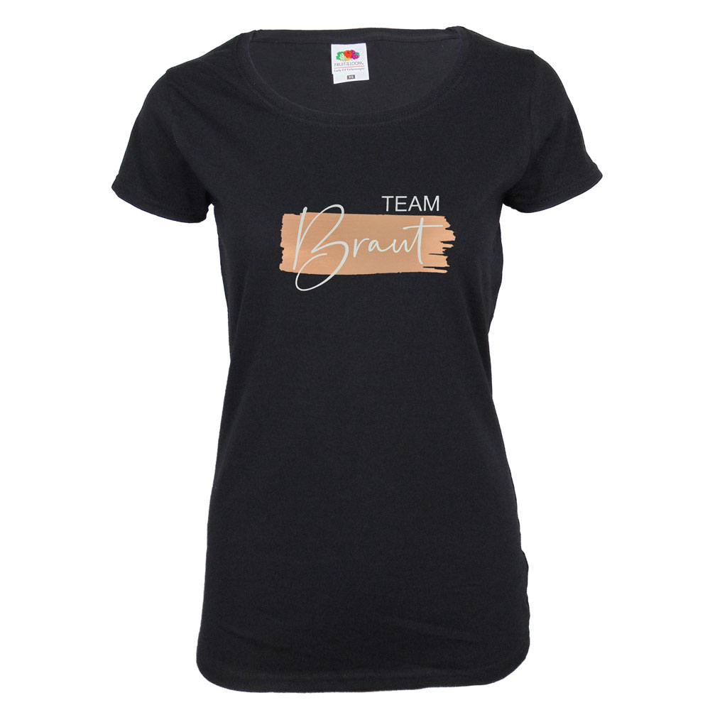 Modernes Damen JGA-Shirt - Schwarz mit kupferfarbenem Team Braut-Motiv