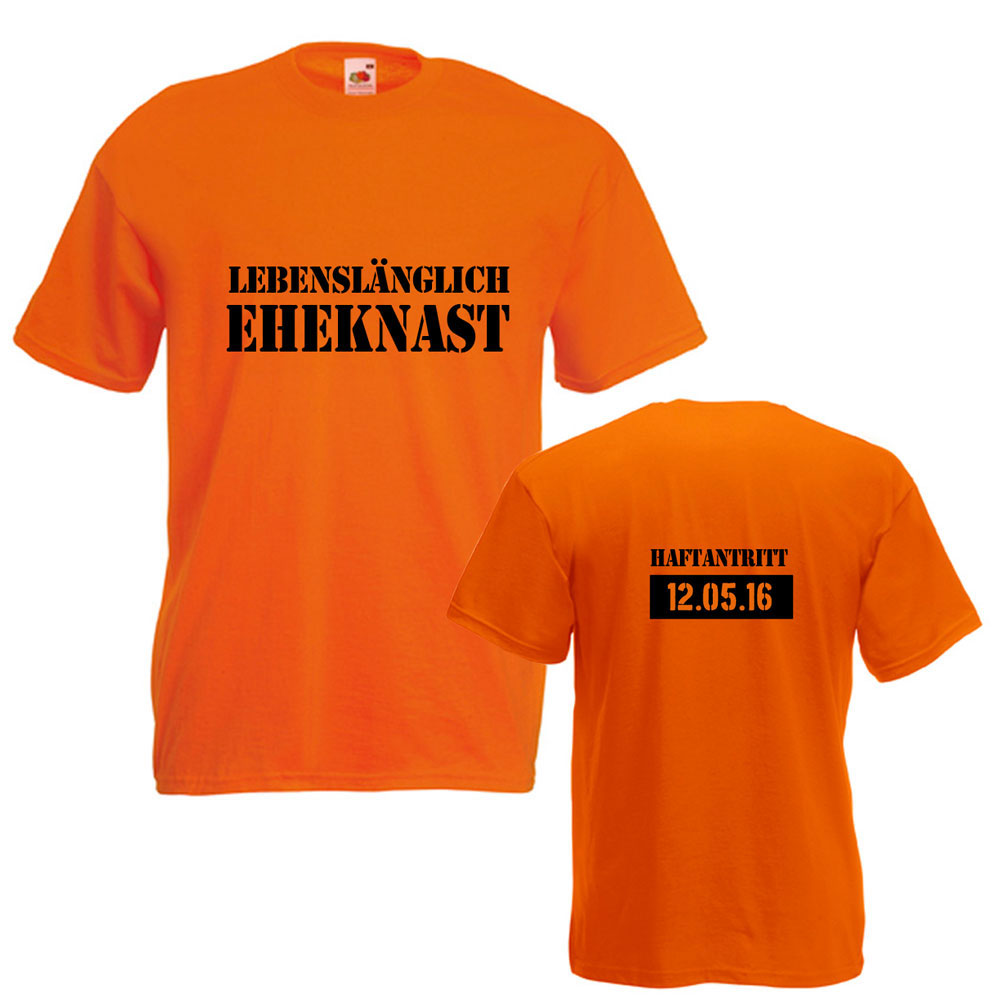 Orangefarbenes Herren-JGA-Shirt mit Eheknast-Schriftzug