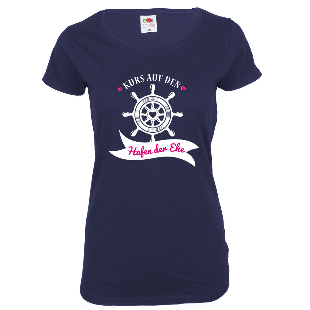 Blaues JGA Damen-Shirt mit Hafen der Ehe-Aufdruck