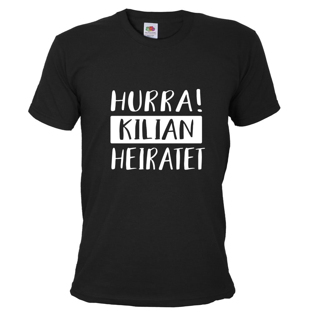 Schwarzes Männer JGA-Shirt mit Spruch: Hurra - Name heiratet