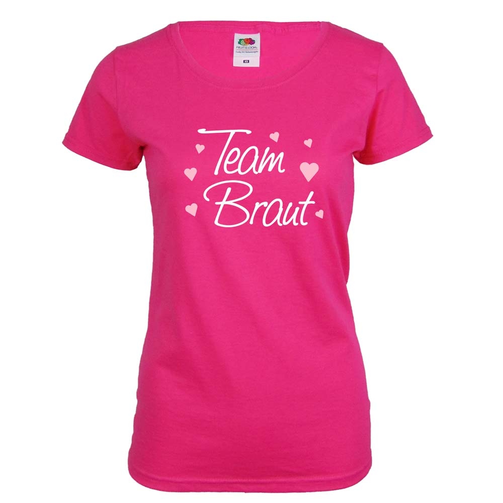 Pinkfarbenes Team Braut T-Shirt mit Herzen