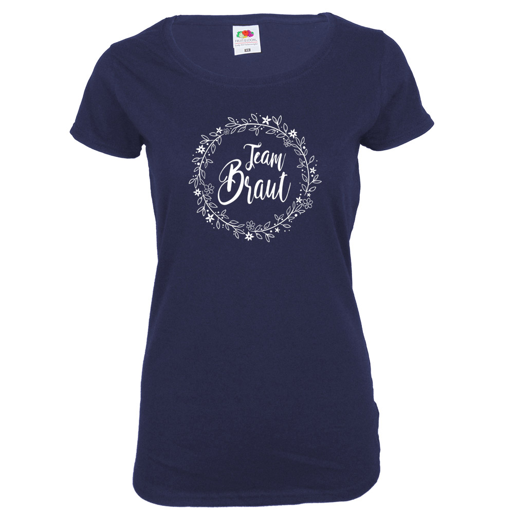 Team Braut JGA-Shirt mit Blumen in Dunkelblau
