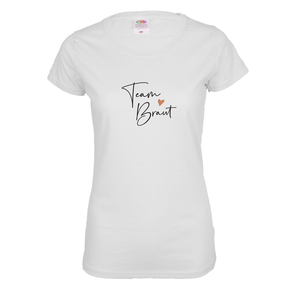Stilvolles Team Braut JGA-Shirt: Weiss mit kupferfarbenem Herzchen