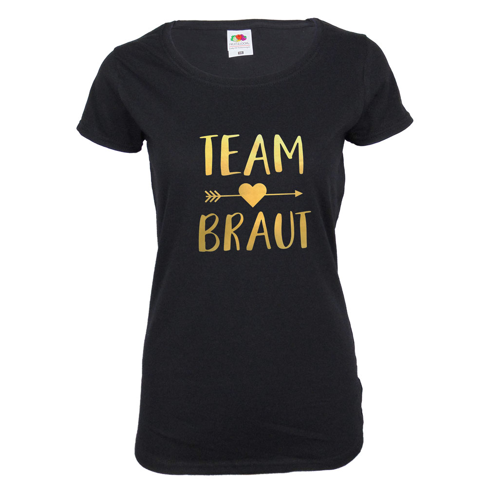 Schwarzes Team Braut JGA-Shirt mit goldfarbenem Herz und Pfeil-Aufdruck