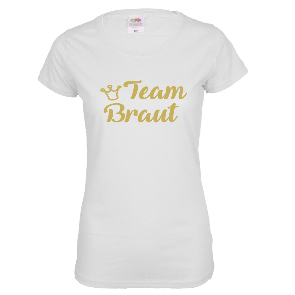 Weißes Team Braut Shirt mit goldfarbener Krone