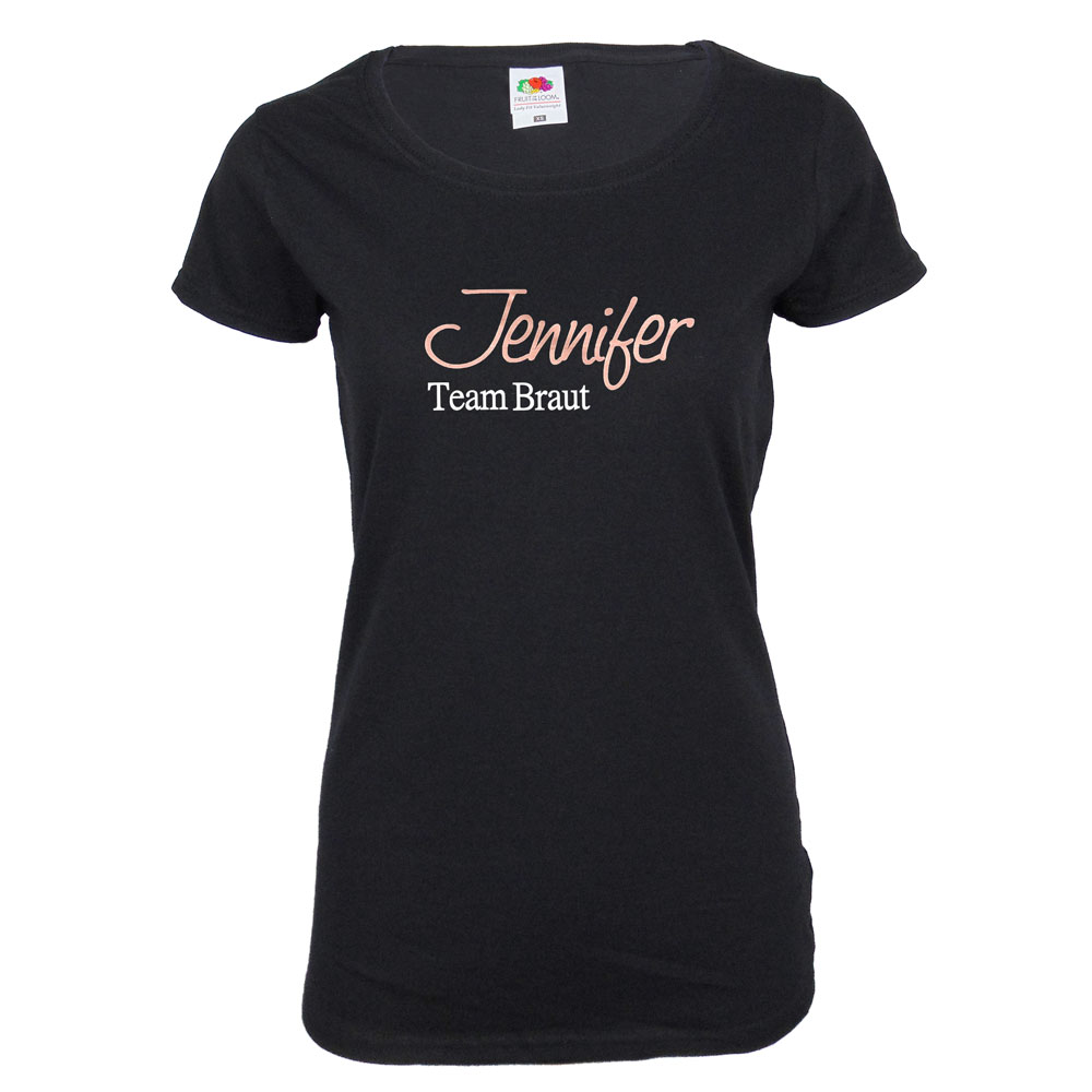 Schwarzes Team Braut JGA-Shirt - personalisiert mit Namen in Rosegold-Schrift