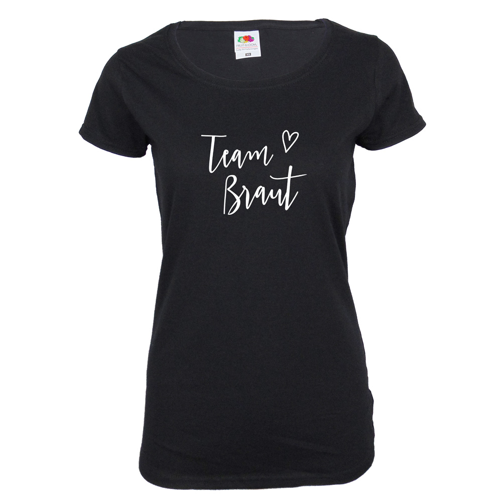 Stilvolles schwarzes Team Braut JGA-Shirt mit modernem Herz-Motiv