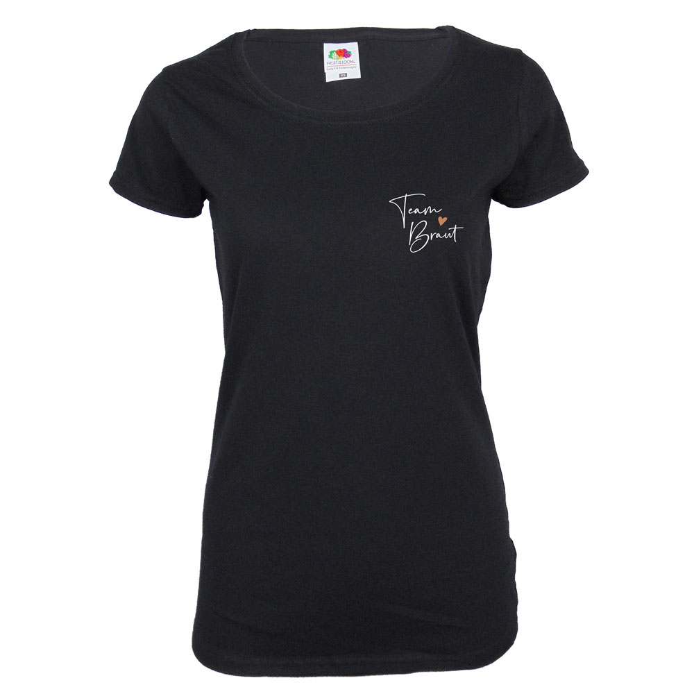 Stilvolles schwarzes Damen JGA-Shirt mit Team Braut-Brustlogo in Weiss-Kupfer