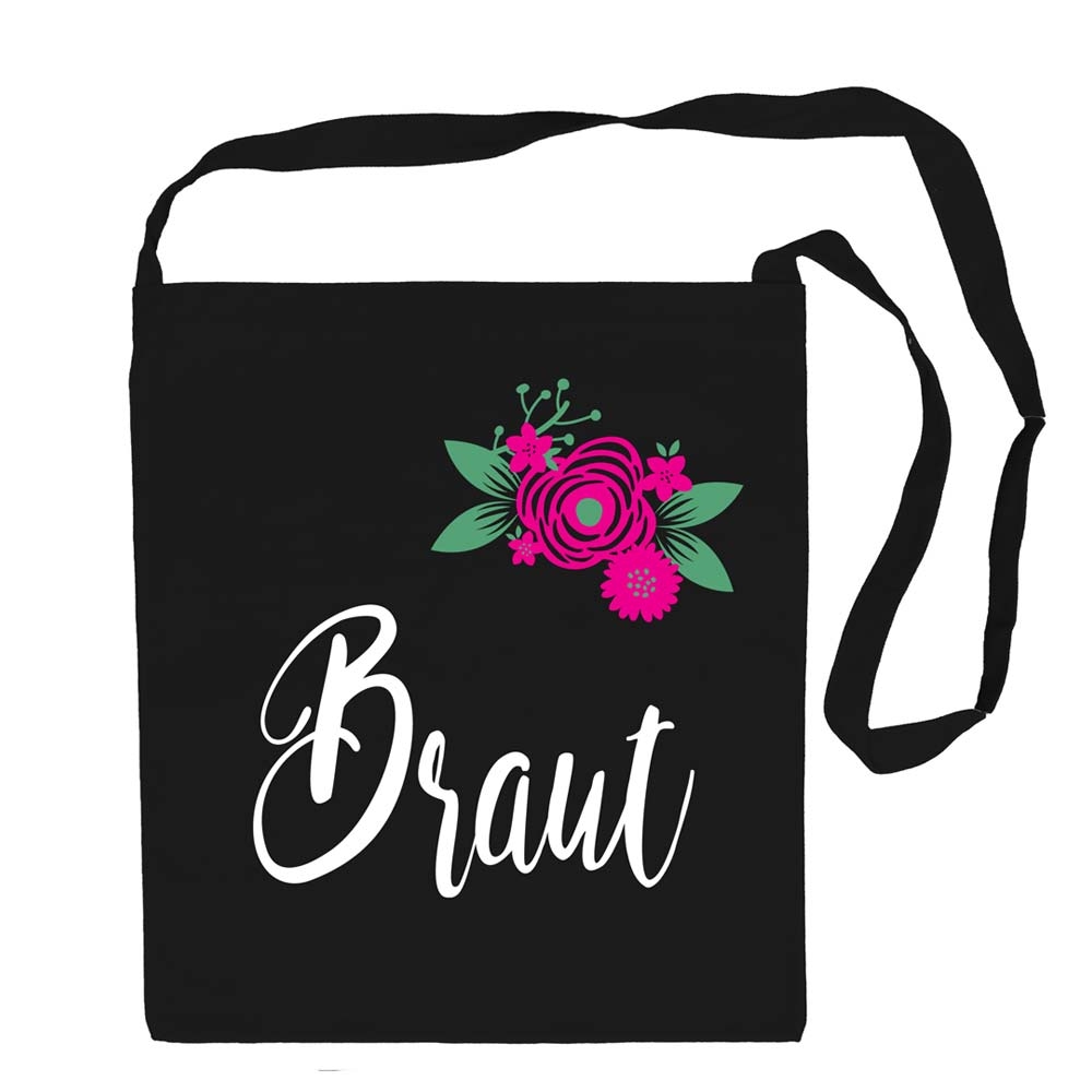 Schwarze Umhaengetasche mit Braut-Aufschrift und Blumen-Motiv