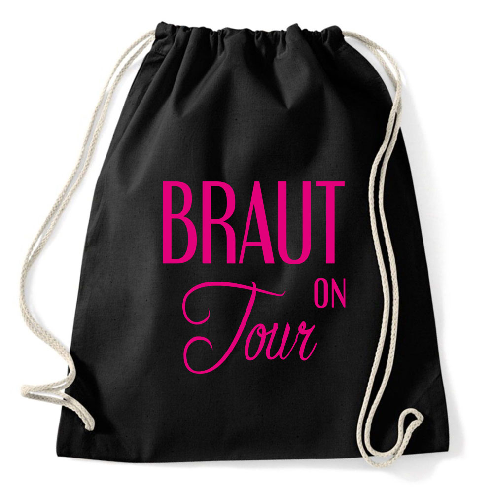 Schwarze JGA-Tasche mit stilvollem Braut on Tour-Motiv