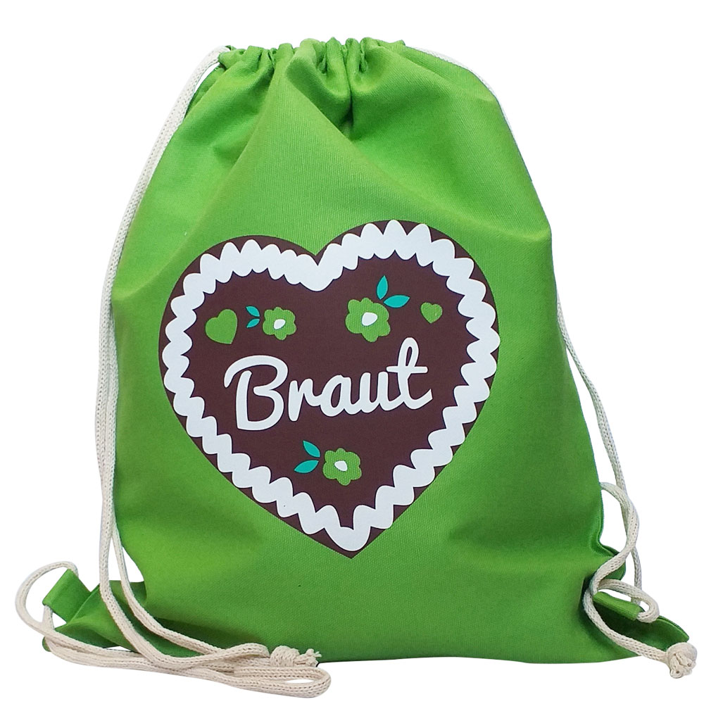 Grüner JGA Braut-Beutel mit Lebkuchenherz-Motiv