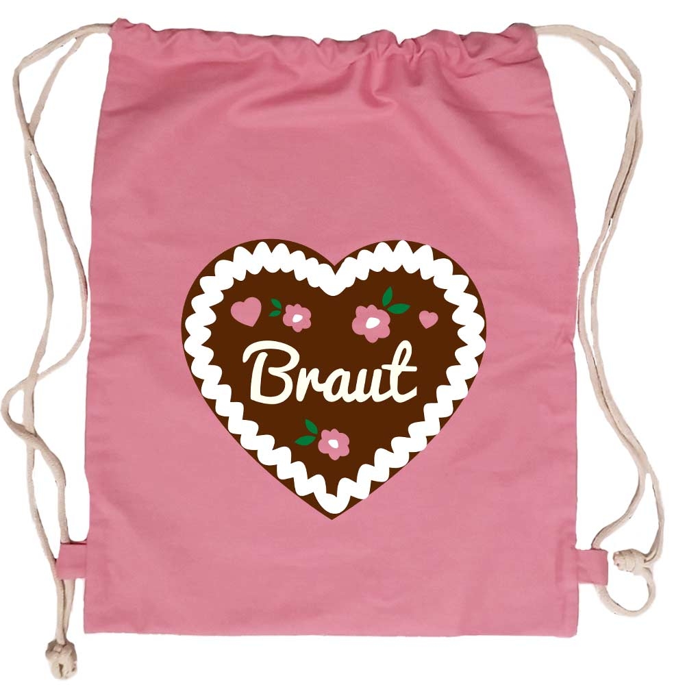 JGA Turnbeutel-Rucksack mit Braut-Lebkuchenherz-Motiv - Rosa