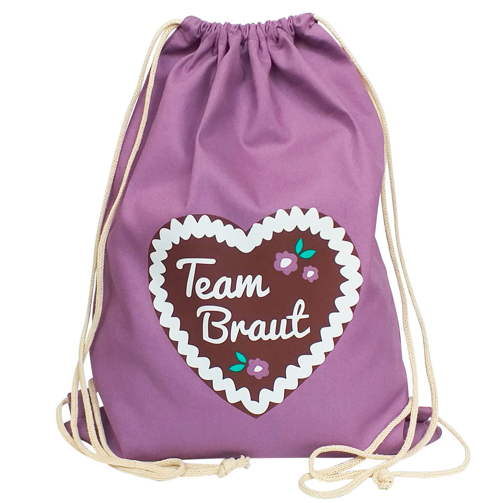 JGA Turnbeutel-Rucksack mit Team Braut-Lebkuchenherz-Motiv - Lila