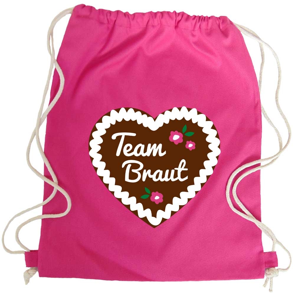 JGA Turnbeutel-Rucksack mit Team Braut-Lebkuchenherz-Motiv - Pink