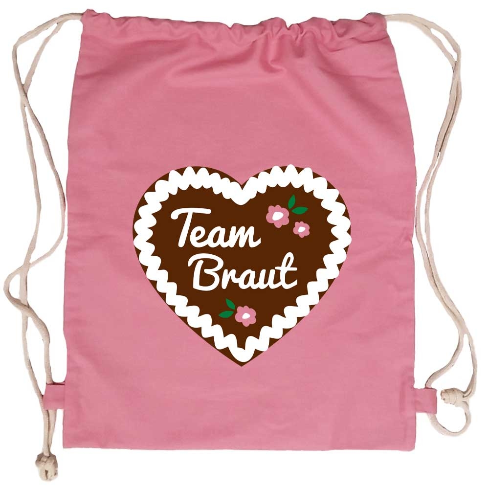 JGA Turnbeutel-Rucksack mit Team Braut-Lebkuchenherz-Motiv - Rosa