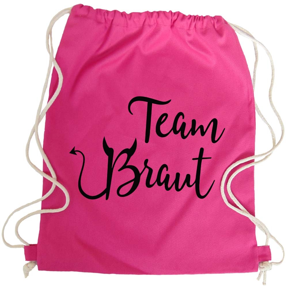 Pinkfarbener JGA Turnbeutel-Rucksack mit Team Braut Teufel-Motiv