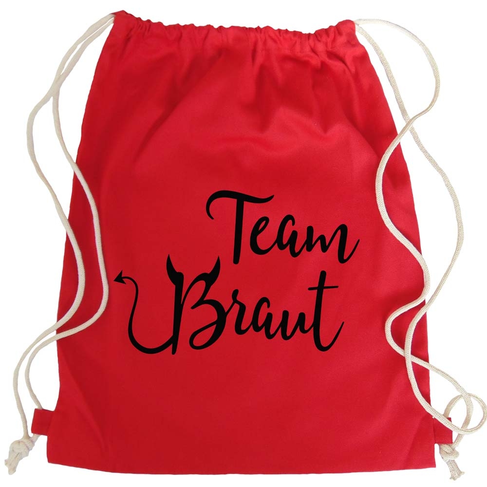 Roter JGA Turnbeutel-Rucksack mit Team Braut Teufel-Motiv