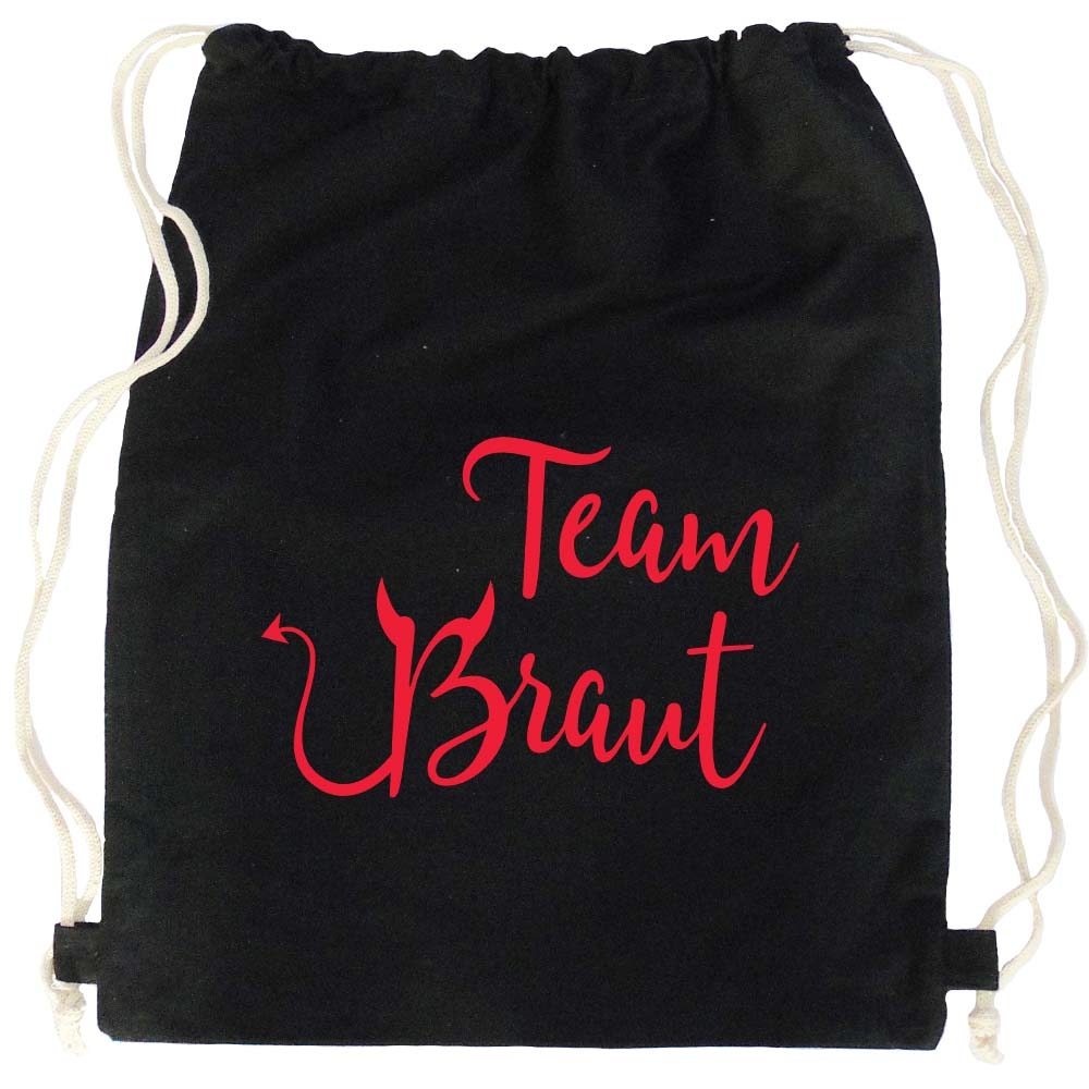 Schwarzer JGA Turnbeutel-Rucksack mit Team Braut Teufel-Motiv