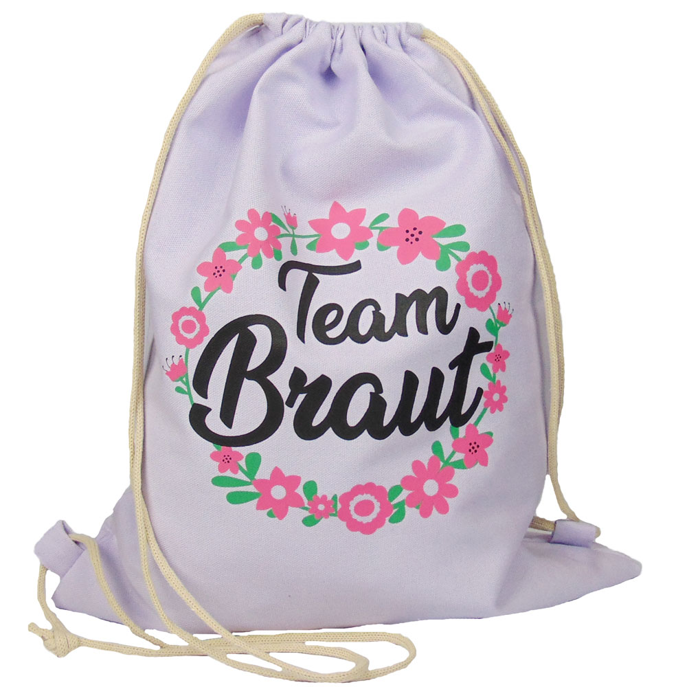 JGA Turnbeutel-Rucksack - Blumenkranz mit Team Braut-Schriftzug - Flieder