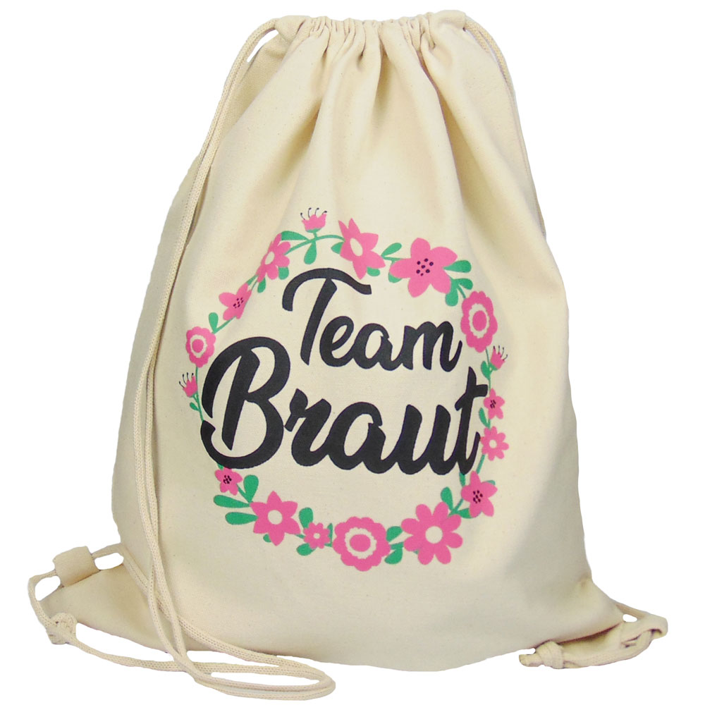 JGA Turnbeutel-Rucksack - Blumenkranz mit Team Braut-Schriftzug - Naturfarben