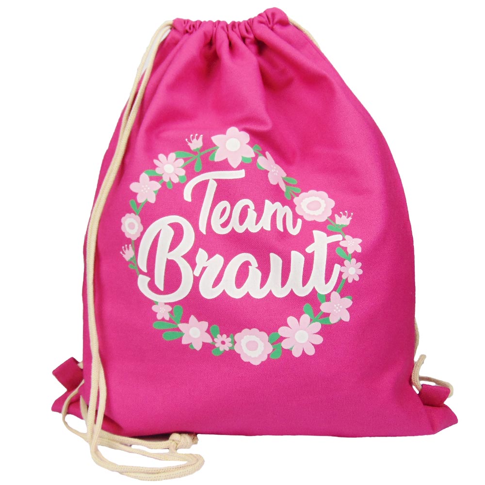 JGA Turnbeutel-Rucksack - Blumenkranz mit Team Braut-Schriftzug - Pink