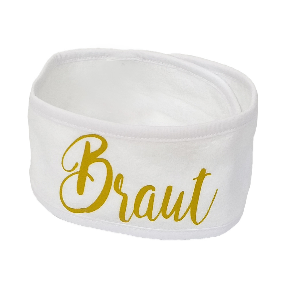 Weißes JGA-Wellness-Haarband mit goldfarbenem Braut-Schriftzug
