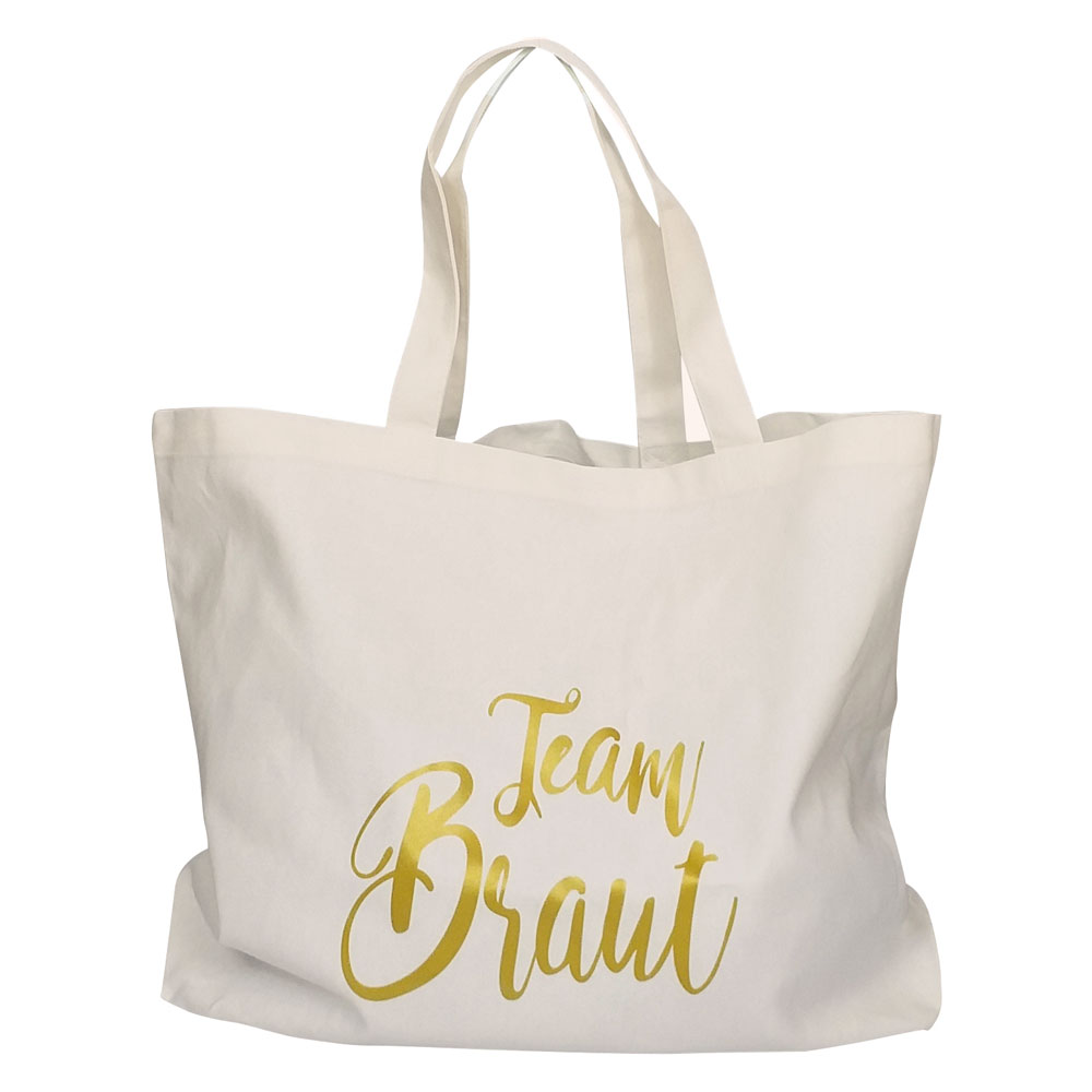 Weisse JGA-Wellness-Tasche mit goldfarbenem Team Braut-Motiv