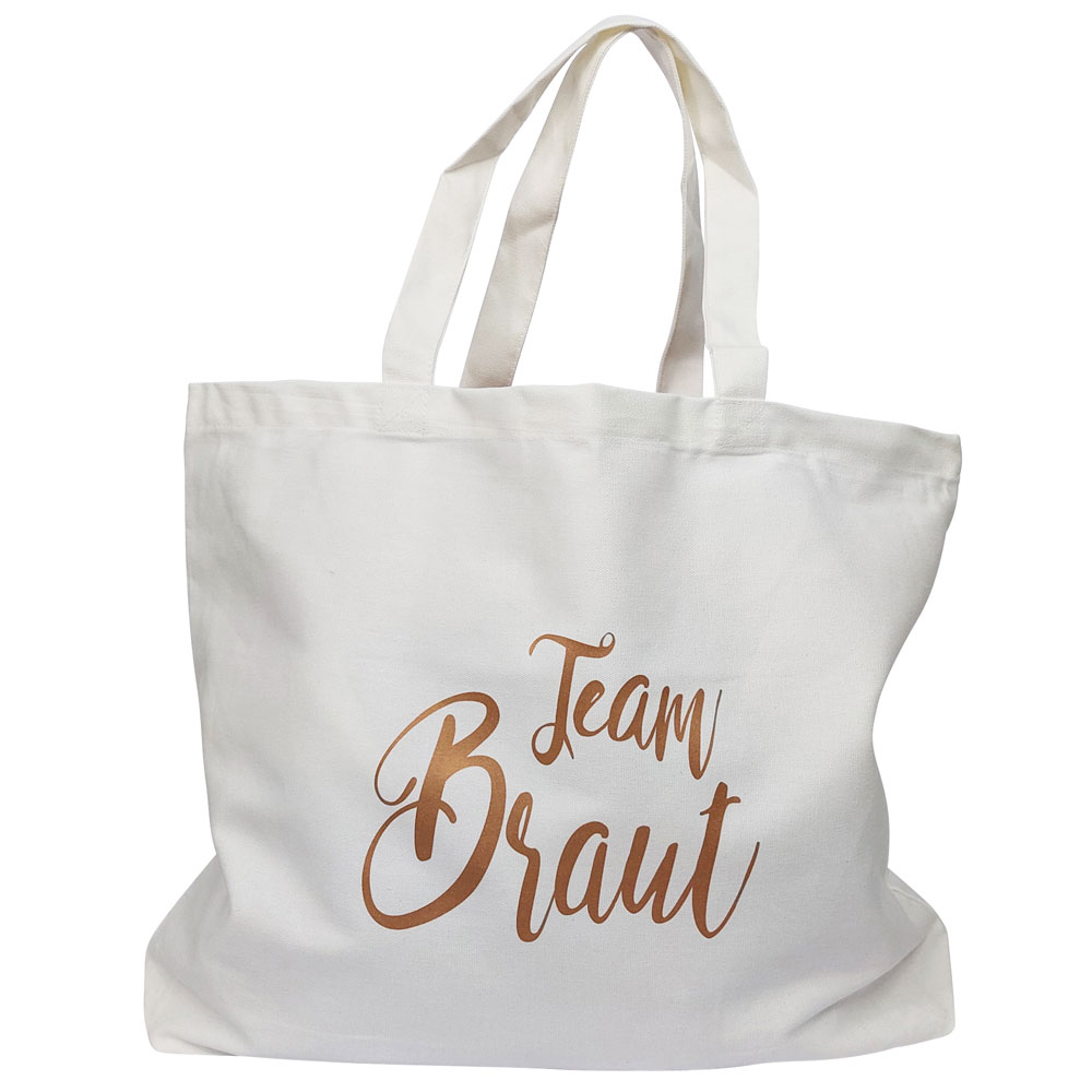 Weisse Wellness-Tasche mit kupferfarbenem Team Braut-Aufdruck für den Junggesellinnenabschied in Sauna und Spa
