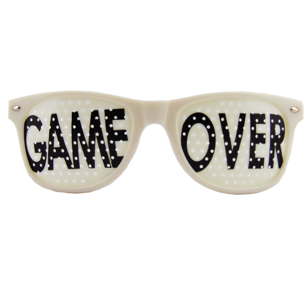 Weisse Junggesellenabschied-Brille mit Game Over-Motiv