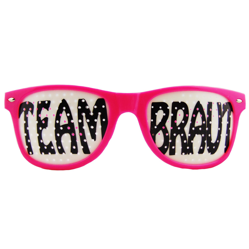Pinkfarbene Junggesellenabschied-Brille mit Team Braut-Motiv