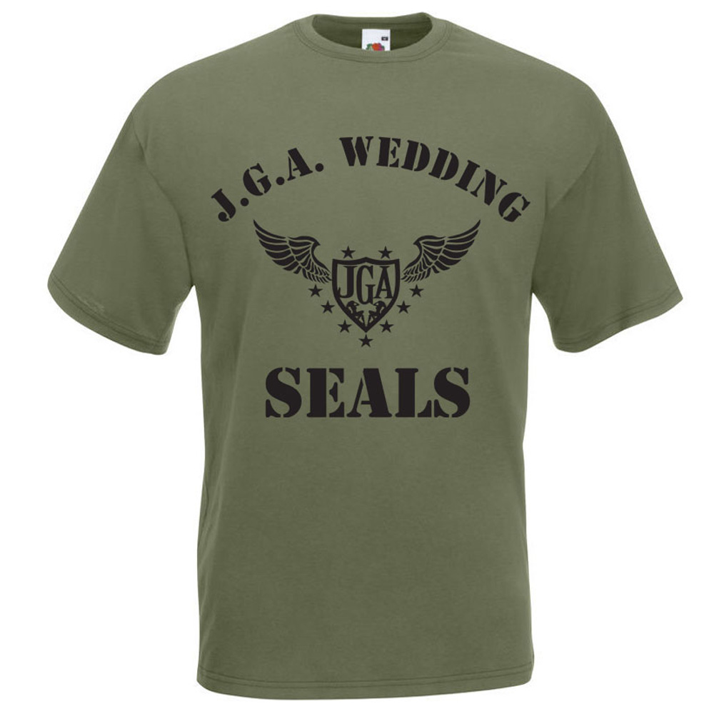 Grünes Junggesellenabschied-T-Shirt mit Wedding Seals Motiv