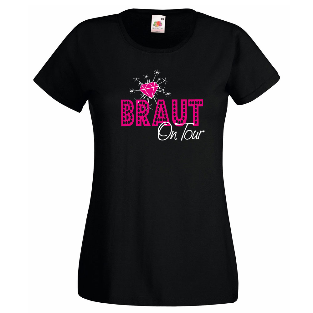 Schwarzes Junggesellinnenabschied-T-Shirt mit Braut on Tour Motiv