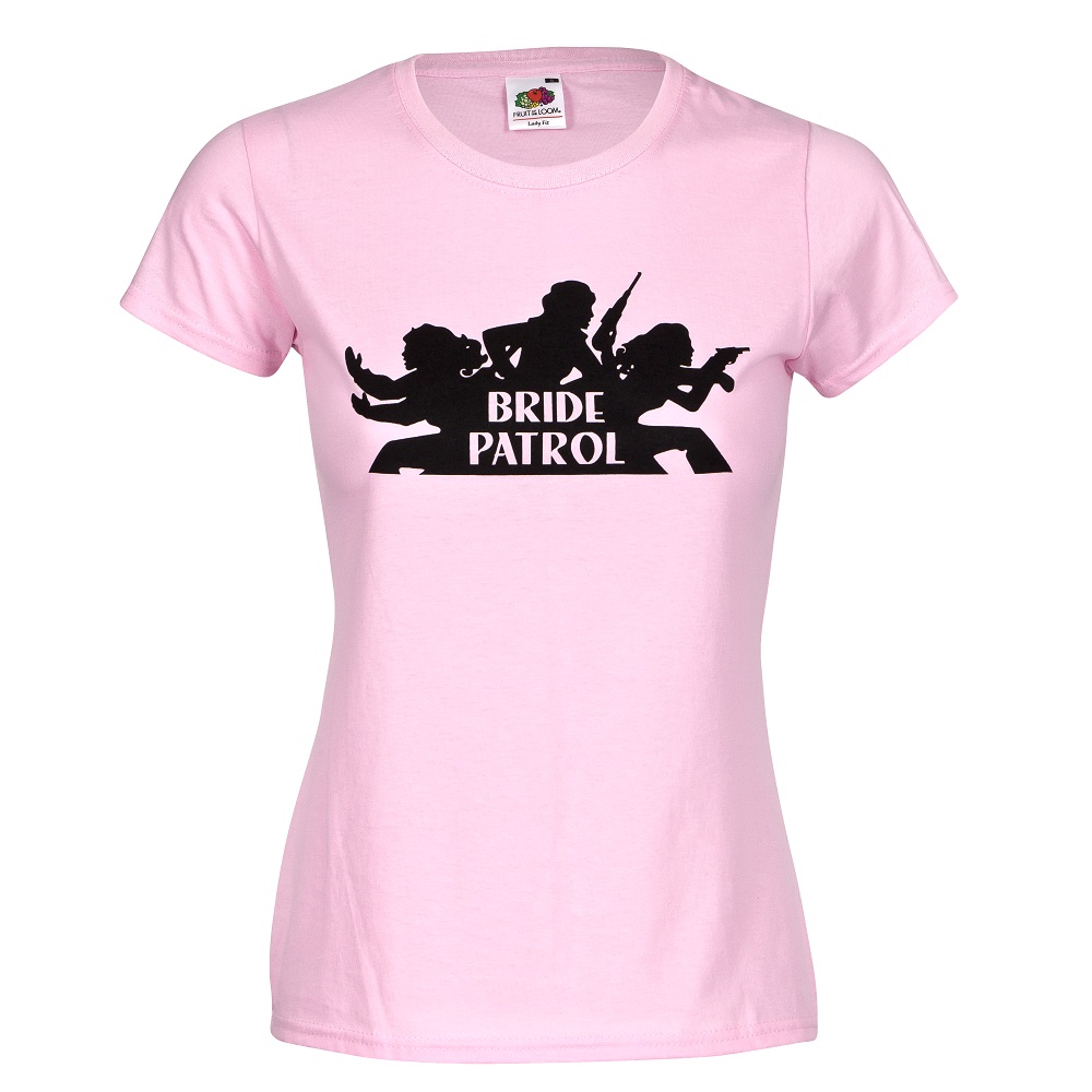 Rosafarbenes Junggesellinnenabschied T-Shirt mit Bride Patrol-Logo