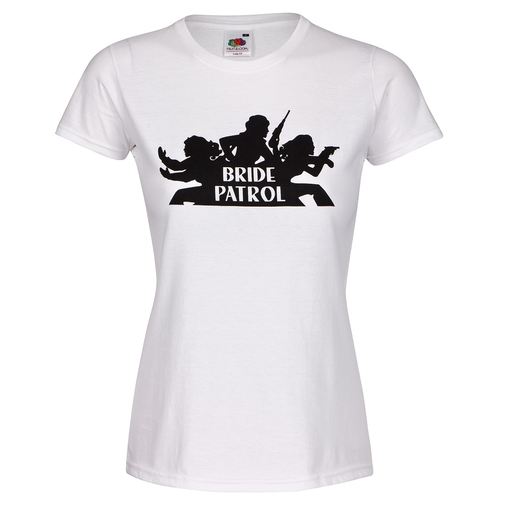 Weißes Junggesellinnenabschied T-Shirt mit Bride Patrol-Logo