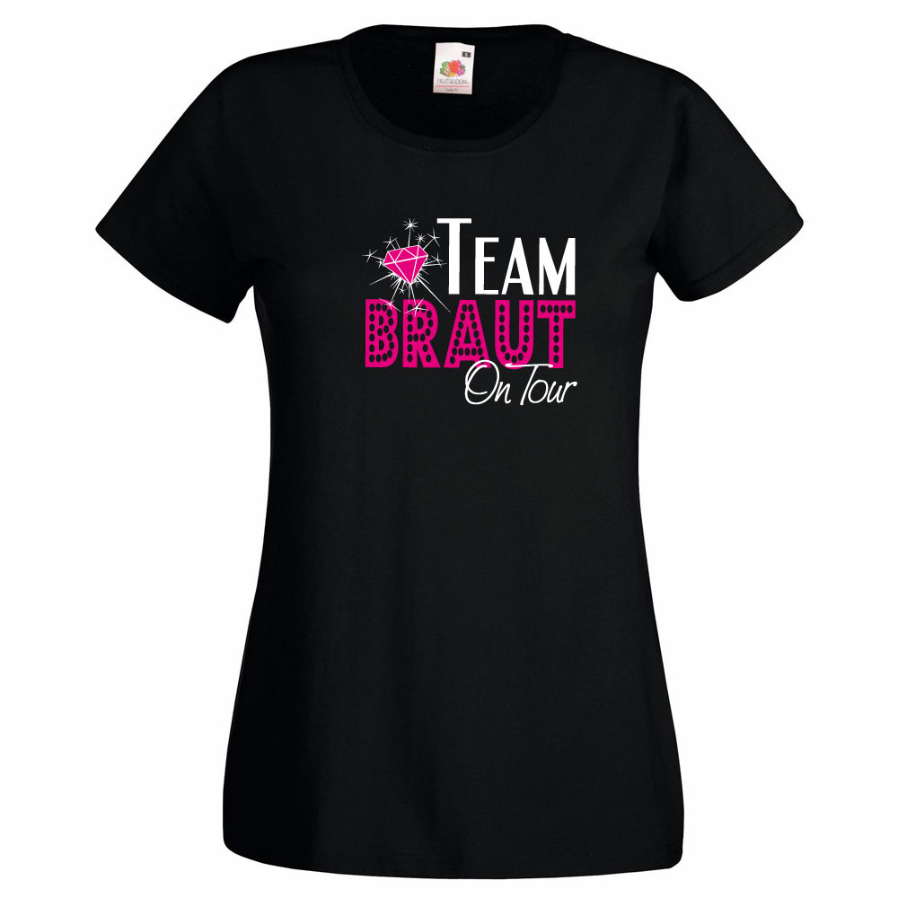 Schwarzes Junggesellinnenabschied-T-Shirt mit Team Braut on Tour Motiv