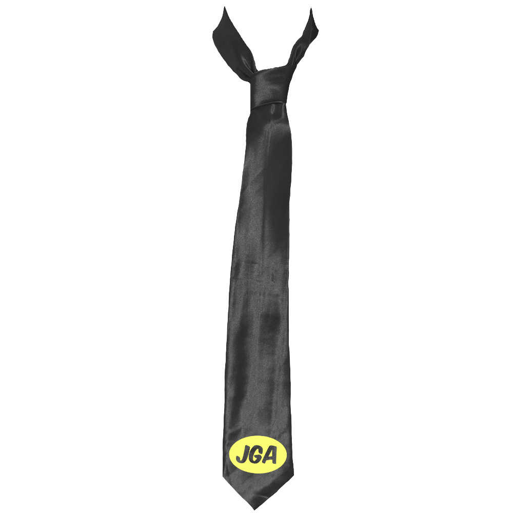 Schwarze Krawatte mit gelbem JGA-Logo im Superhelden-Look