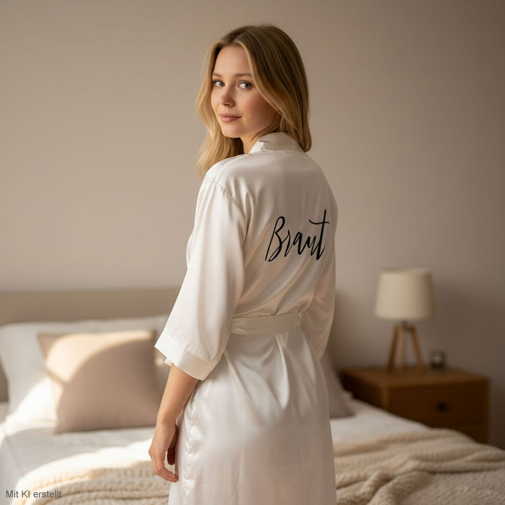 Frau mit weißem Satin-Morgenmantel mit Braut-Aufdruck für die Hochzeit