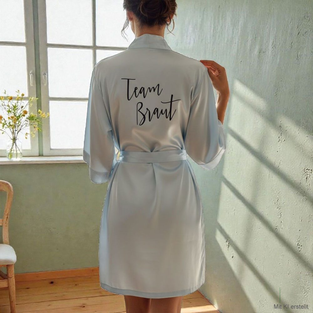 Frau mit hellblauem Satin-Morgenmantel mit Team Braut-Aufdruck für den Junggesellinnenabschied