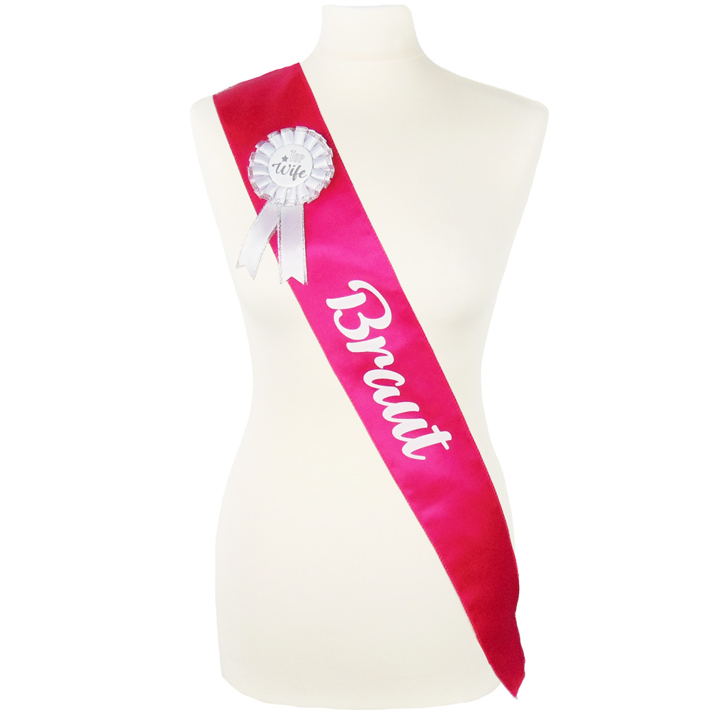 Pinkfarbene JGA Kostüm-Schärpe mit Braut-Orden