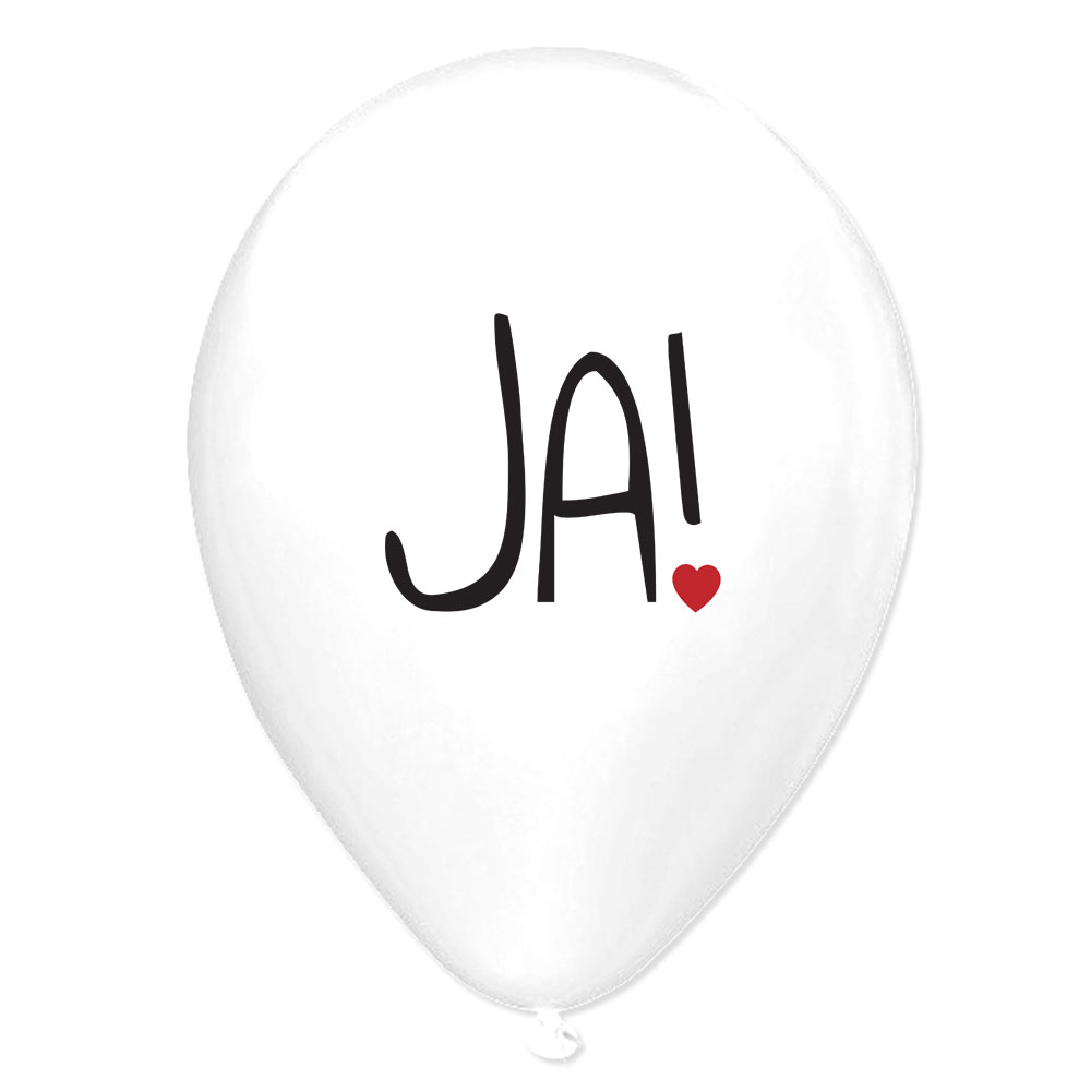 Weiße Luftballons mit JA-Motiv als JGA- und Polterabend-Deko
